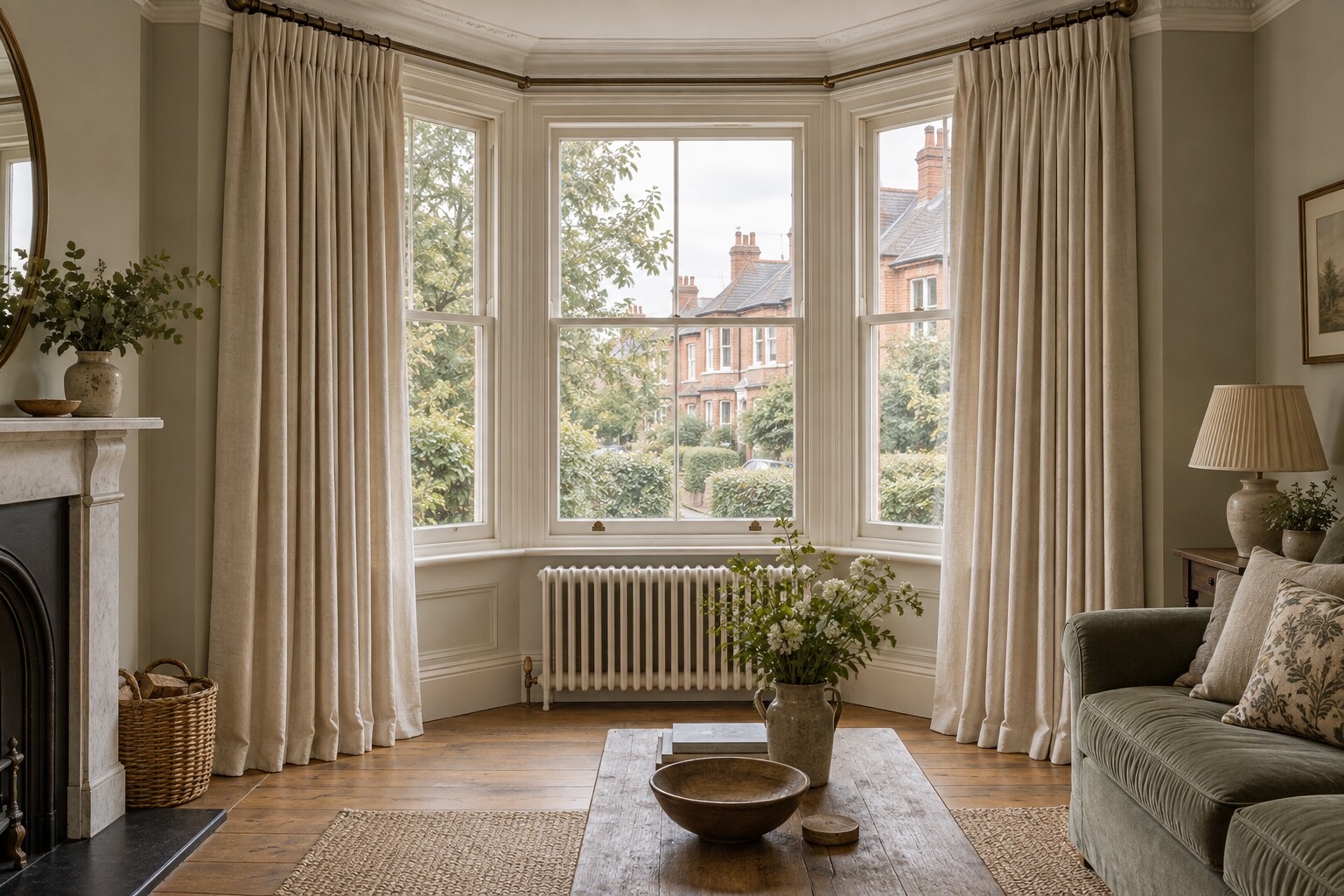 Made-to-measure curtains in a British bay window